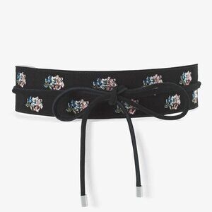White House Black Market Black Suede Floral Embroidered Obi Tie Belt XS/S New
